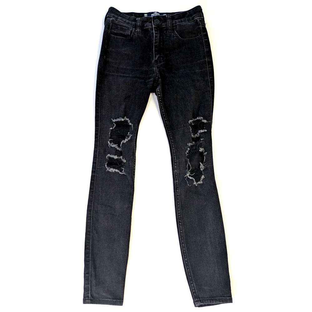 Hollister High Rise Super Skinny Distressed Black Jeans 00S W24S Short Stretch